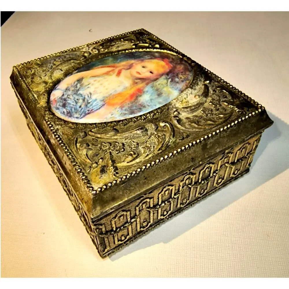 1639.  Metal Trinket Jewelry Box Porcelain Inlay